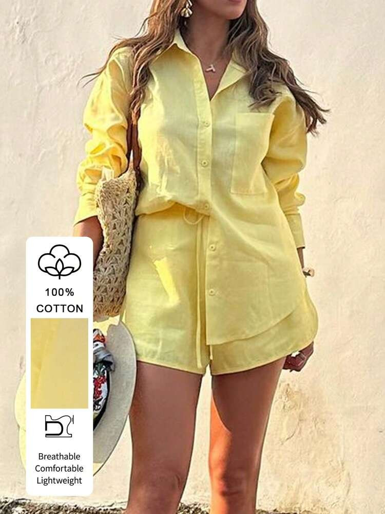 PoPoHouse Women's 2-Piece Set - Solid Color Cotton Casual Elegant Pocket Long Sleeve Shirt Top And Loose Shorts Set, Suitable For Daily Commute, Leisure, Travel, Valentine's Day, Spring/Summer, Yellow Women's Outfit | SHEIN