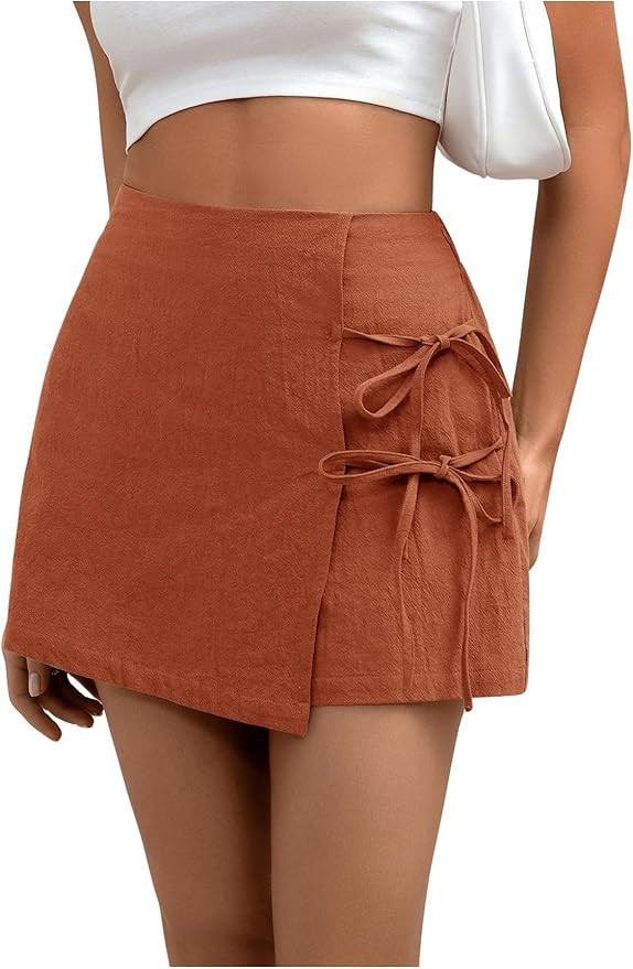 WDIRARA Women's Summer Linen Shorts Side Tie Elastic High Waist Skorts Casual Wrap Skirt | Amazon (US)