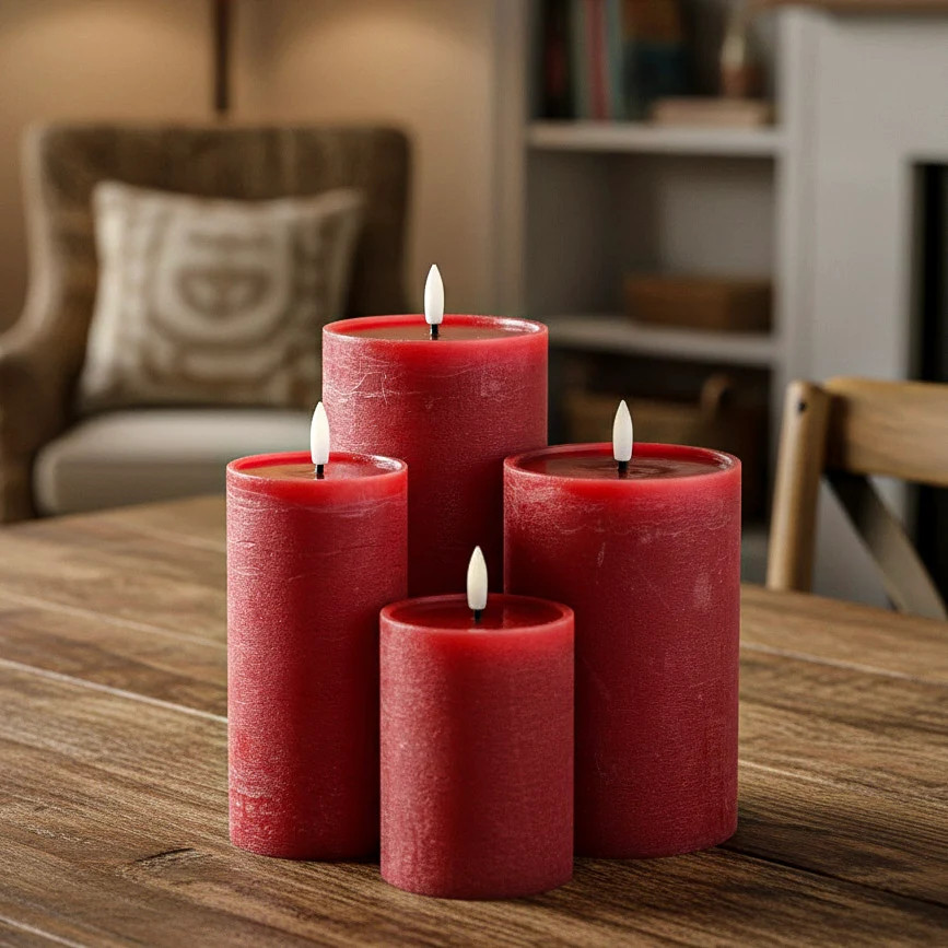 Textured Red Flameless Pillar Candle | 8"x4" | MJHome
