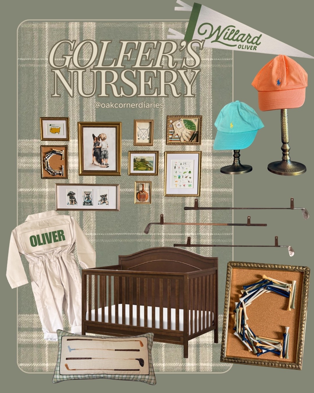 Golf Nursery Inspo for Baby Boy 🏌️‍♂️ Bringing timeless golf club vibes to the nursery! This look is so unique with everything from custom art prints, plaid wallpaper, and vintage-inspired golf clubs for a hole-in-one space. Personalized touches + leather accents = a little gentleman’s dream. Tap to shop every detail — from framed vintage gold art, to polo hats to the softest plaid crib sheets.
#LTKnursery #PreppyNursery #GolfDecor #BabyBoyRoom

#LTKBump #LTKHome #LTKBaby