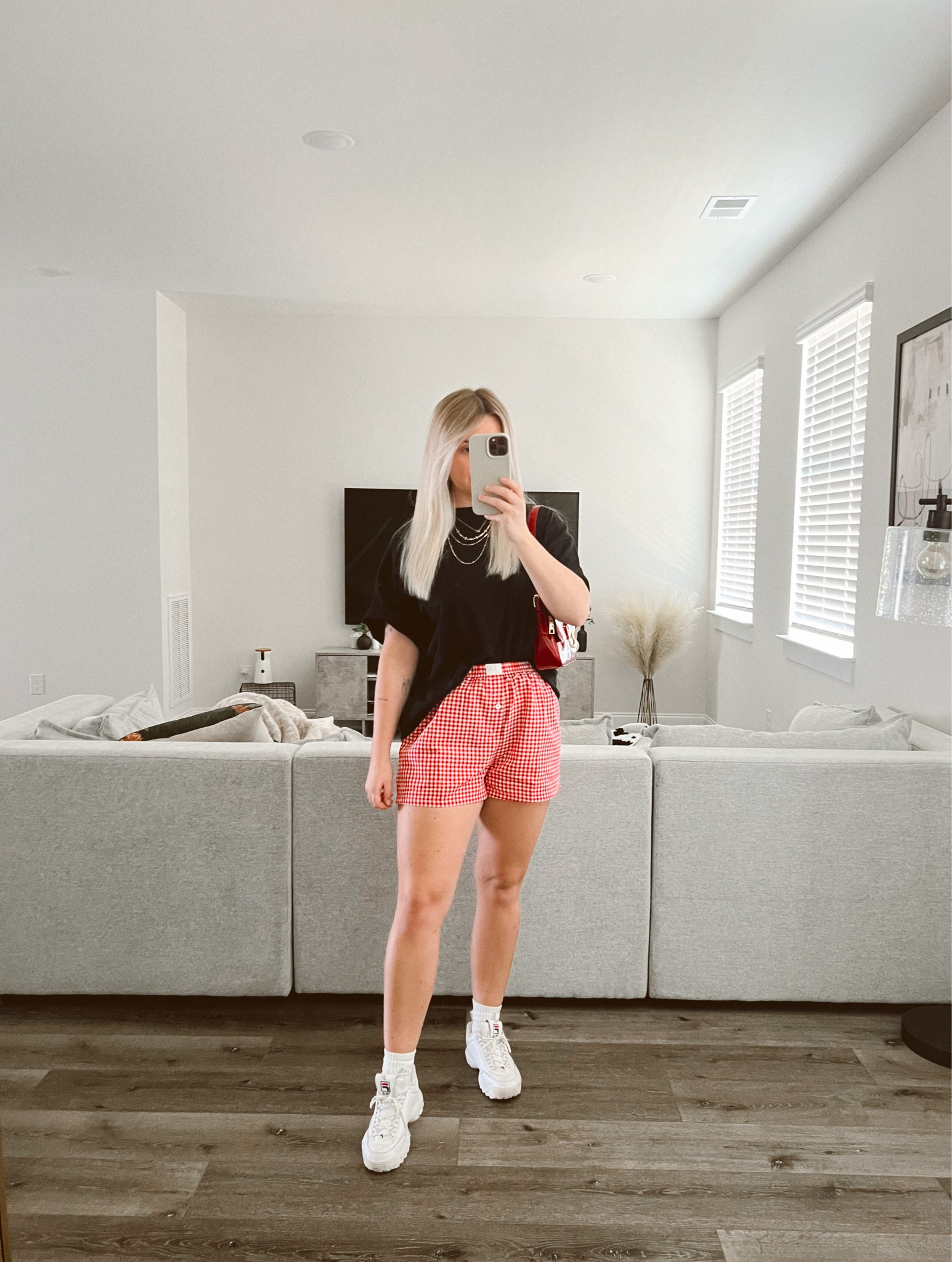 Red High Waisted Shorts Outfit Tomato Red Tailored Cinched Waist