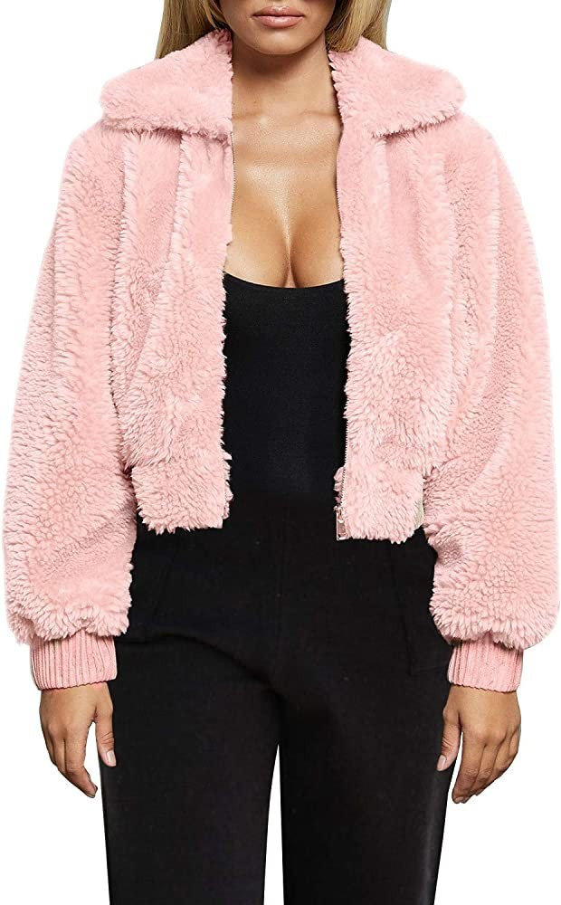 FANCYINN Womens Teddy Cropped Faux Fur Jacket Furry Lapel Coat Zip Up with Pockets Warm Winter | Amazon (US)