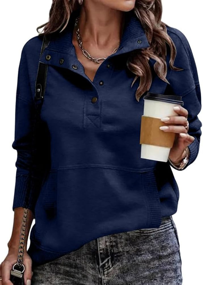 SHEWIN Women's Casual Long Sleeve Stand Neck Sweatshirt Lightweight Button Drawstring Pullover To... | Amazon (US)