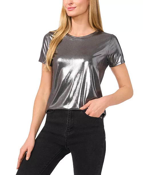 CeCe Women's Metallic Shine Short Sleeve T-Shirt - Macy's | Macy's