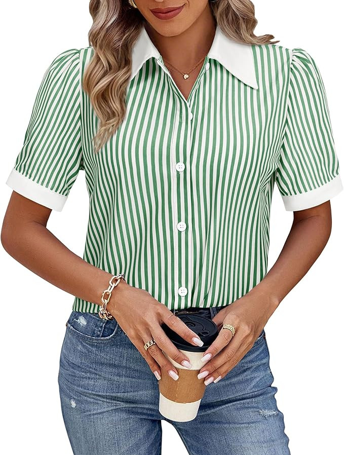 Button Down Shirts for Women Puff Short Sleeve Button Up Dress Shirts Collared Fitted Blouse Work... | Amazon (US)