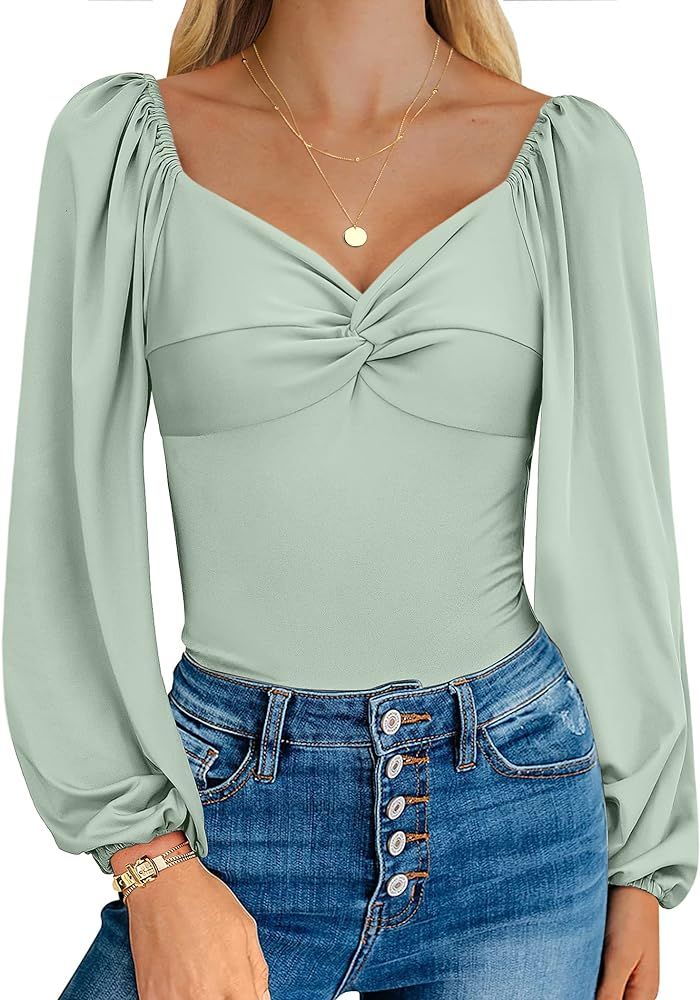 Zeagoo Women's Sexy Sweetheart Square V Neck Long Puff Sleeve Twist Knot Front Tops Bodysuit Jump... | Amazon (US)