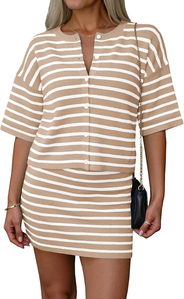 Saodimallsu Womens Two Piece Skirt Set Summer Striped Knit Short Sleeve Button Cardigans And Mini... | Amazon (US)