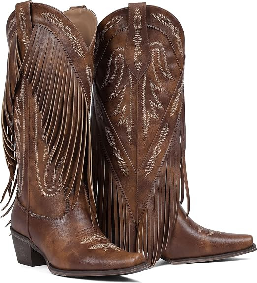 Mattiventon Cowboy Boots for Women Fringe Knee High Cowgirl Western Boots with Classic Embroidery... | Amazon (US)