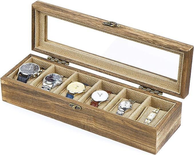 SRIWATANA Watch Box Case Organizer Display for Men Women, 6 Slot Wood Box with Glass Top, Vintage... | Amazon (US)