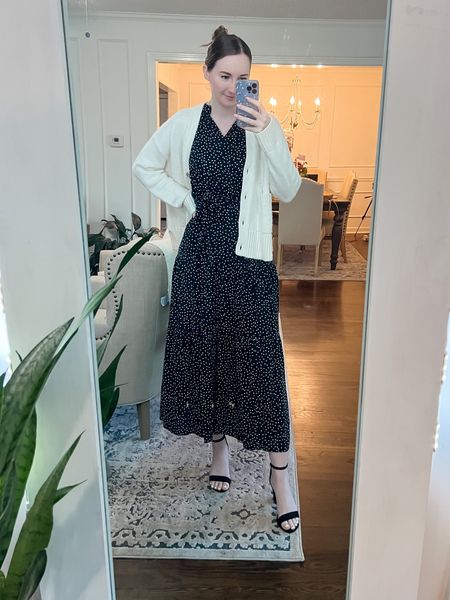 Modest summer transitional work outfit, black polka dot maxi dress
Wearing a small in both the cardigan and dress

#LTKSeasonal #LTKworkwear #LTKunder50