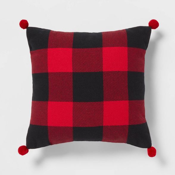 Buffalo Check Reversible Square Christmas Throw Pillow with Pom-Poms - Wondershop™ | Target