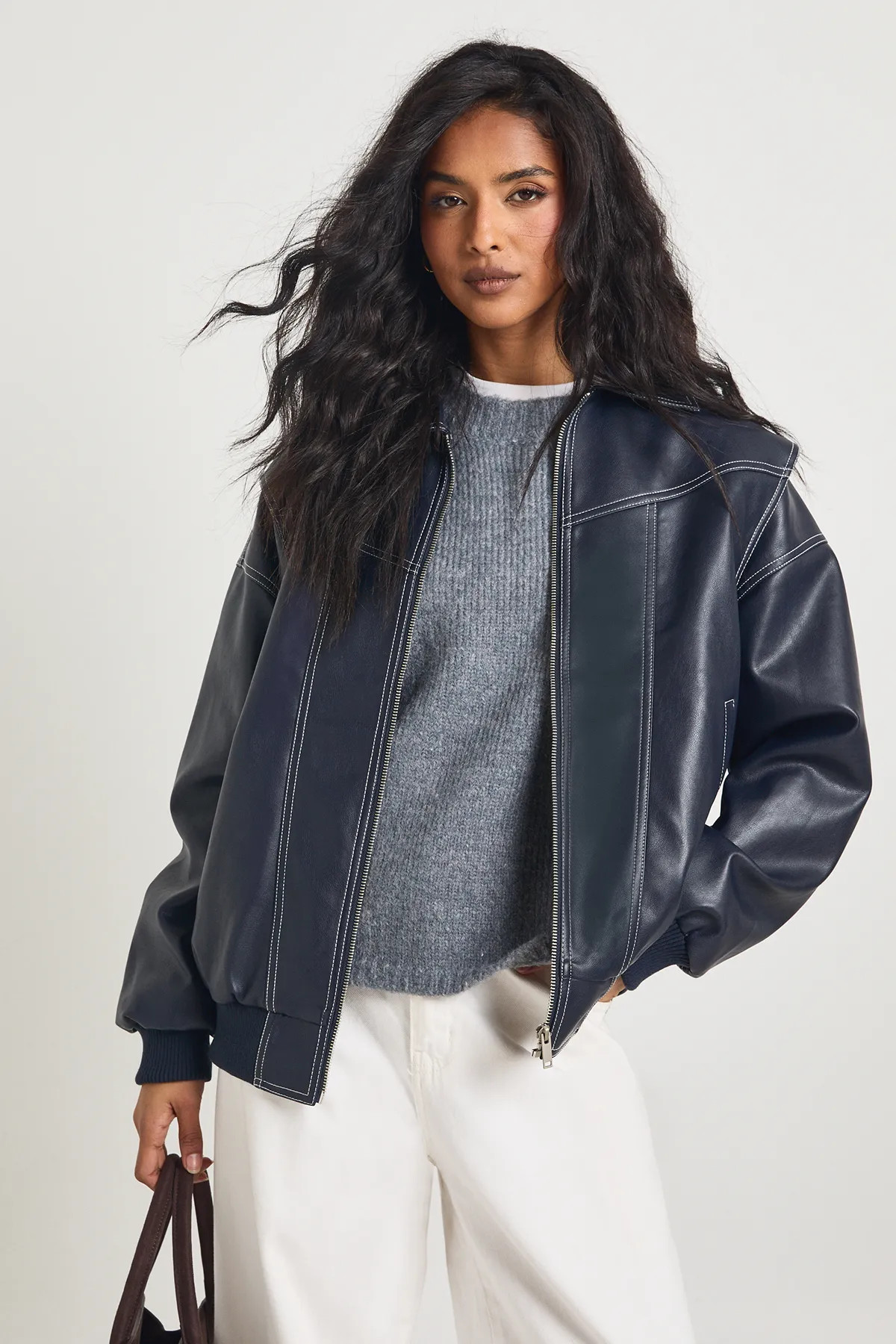 Jackets & Coats | Faux Leather Contrast Stitch Bomber Jacket | boohoo | boohoo (US & Canada)