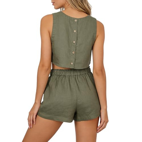 Amazhiyu Womens 100% Linen Summer 2 Piece Outfits Lounge Shorts Sets with Pockets Army Green, Meidum | Amazon (US)
