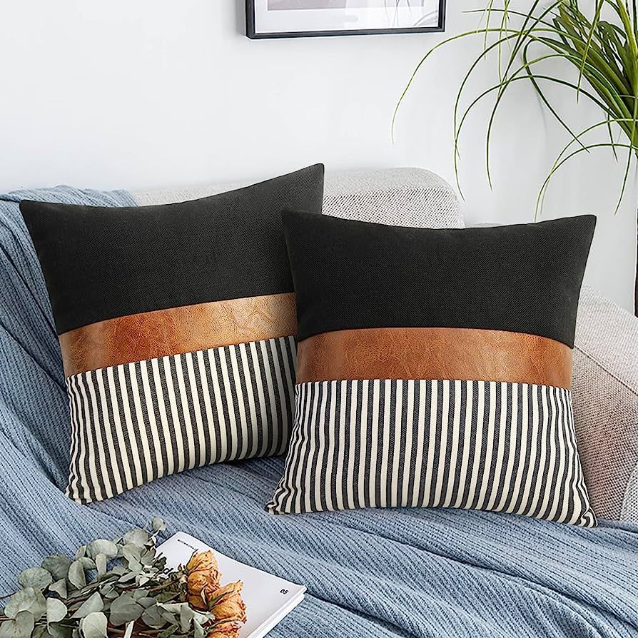 cygnus Set of 2 Farmhouse Decor Stripe Patchwork Black Linen Throw Pillow Covers,Modern Tan Faux ... | Amazon (US)