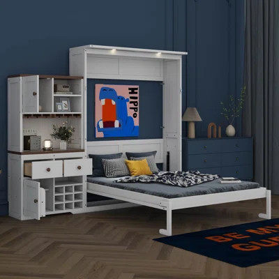 Queen Size Murphy Bed With Storage Cabinet, Wine Rack, Glass Holder, Drawers And Multi-Color LED Strip | Wayfair North America
