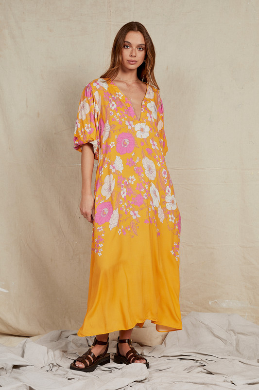 Hera Puff Sleeve Gypsy Midi Dress in Tangerine | Bohemian Traders