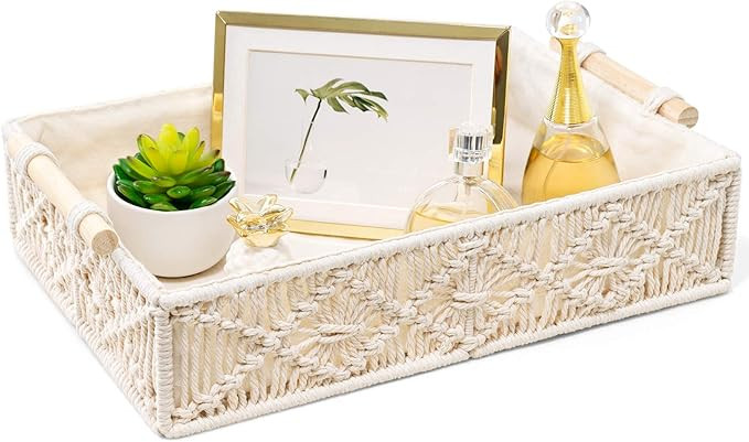 Mkono Macrame Decorative Tray Boho Home Decor Basket with Wooden Handles Handmade Woven Jewelry P... | Amazon (US)