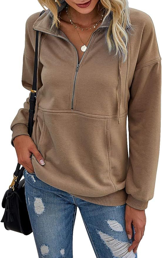 PRETTYGARDEN Women’s Casual Long Sleeve Lapel Zipper Sweatshirt Drawstring Loose Pullover Tops | Amazon (US)