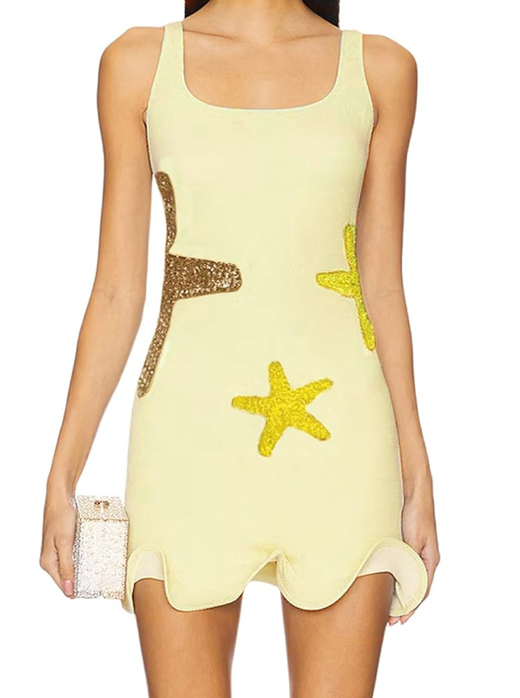 Women Y2k Starfish Mini Dress Sleeveless Sequin Bodycon Short Dress Sexy Sparkly Ruffle Hem Beach... | Amazon (US)