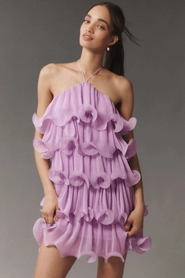 Mac Duggal Halter Tiered Ruffle Crinkle Chiffon Mini Dress | Anthropologie (US)