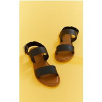Real Leather Black Wide Fit Thick Double Strap Buckle Fastening Flat Sandals | PrettyLittleThing US