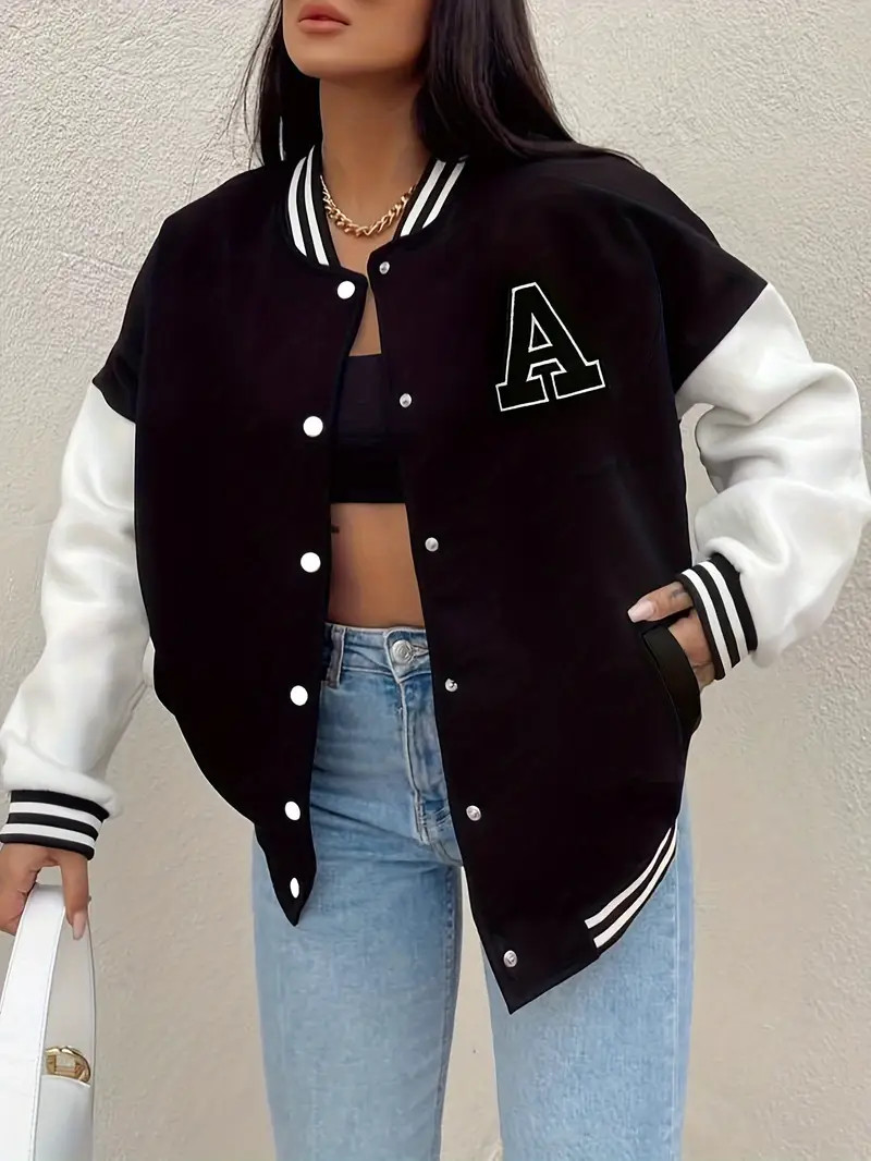 Women's Color Block Letter Print Bomber Jacket - Casual Crop Jacket with Button Front Pockets | Temu Affiliate Program
