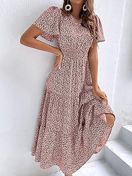 Floerns Women's Boho Ditsy Floral Short Sleeve A Line Flared Midi Dress | Amazon (US)