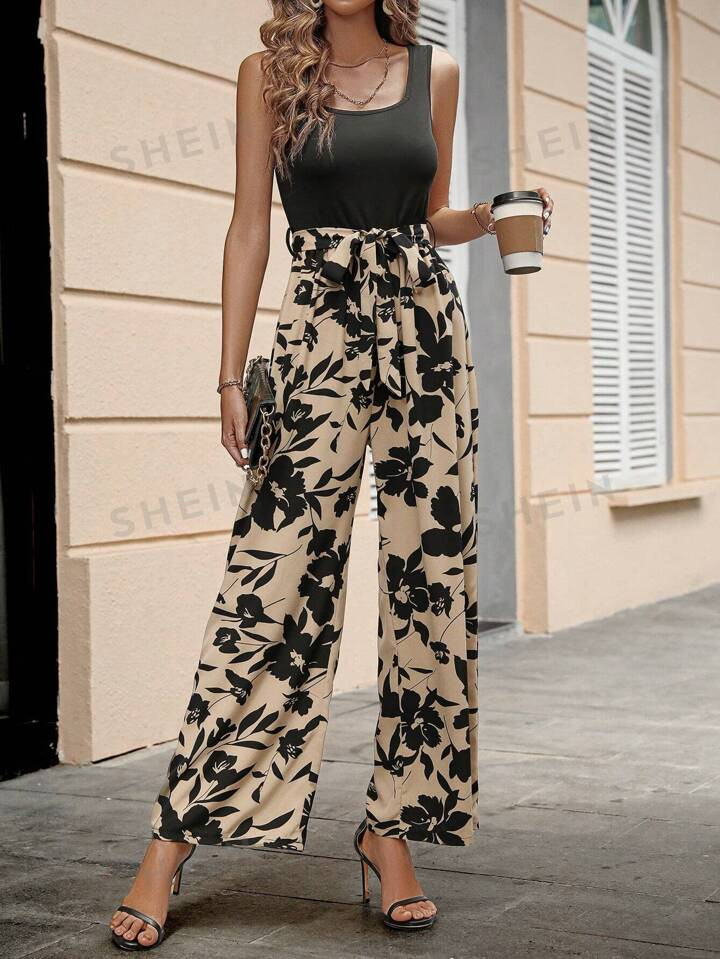 SHEIN LUNE Floral Print Belted Wide Leg Jumpsuit | SHEIN
