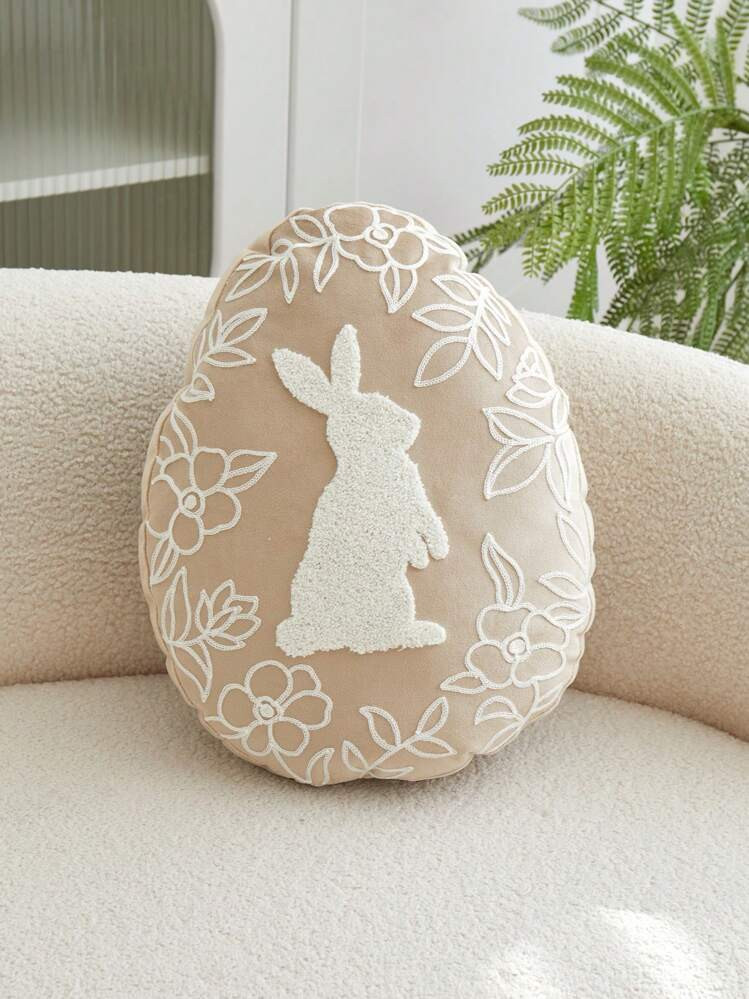 1pc Easter Beige Rabbit Embroidered Irregular Shaped Throw Pillow Cover, Spring Floral Pillow Sham, Easter Decorative Egg Shaped Cushion Cover, Suitable For Indoor Decor, Spring/Summer, Pillow Insert Not Included | SHEIN