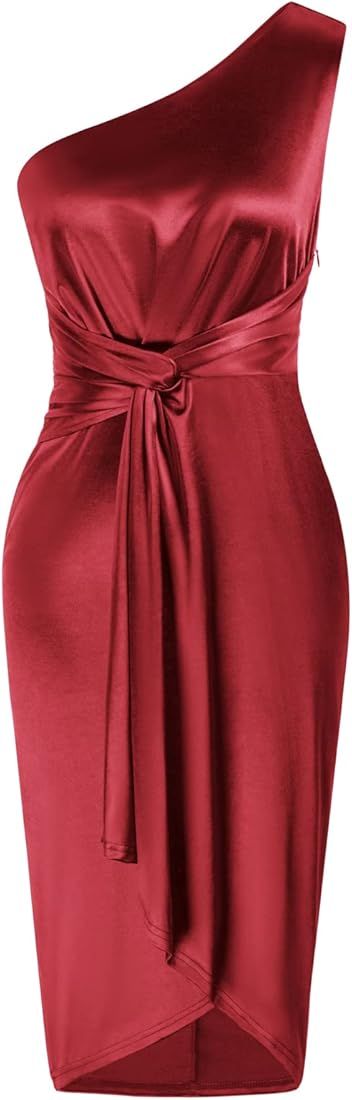 GRACE KARIN Women's One Shoulder Ruched Bodycon Satin Dress Wrap Asymmetrical Knotted Cocktail Party | Amazon (US)