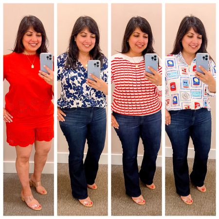 4th of July Outfit Inspiration! Lots of red, white and blue for the upcoming long weekend and all of these tops are on sale 50% off + free shipping! Outfit #1 size large in both pieces. Top #2 size large petite. Top #3 size large. Top #4 size medium. Wit and Wisdom bootcut jeans size 12 Petite. Schutz sandals true to size. 

4th of July outfit, jeans, sandals, spring outfit, spring outfits, summer outfit, vacation outfit, vacation outfits, summer outfits, Loft outfit, Loft top, Loft shirt, Loft shorts, Loft sweater, bootcut jeans, red outfit, red shorts set, striped sweater, 4th of July outfit, Fourth of July outfit, red white and blue

#LTKFindsUnder50 #LTKOver40 #LTKMidsize
