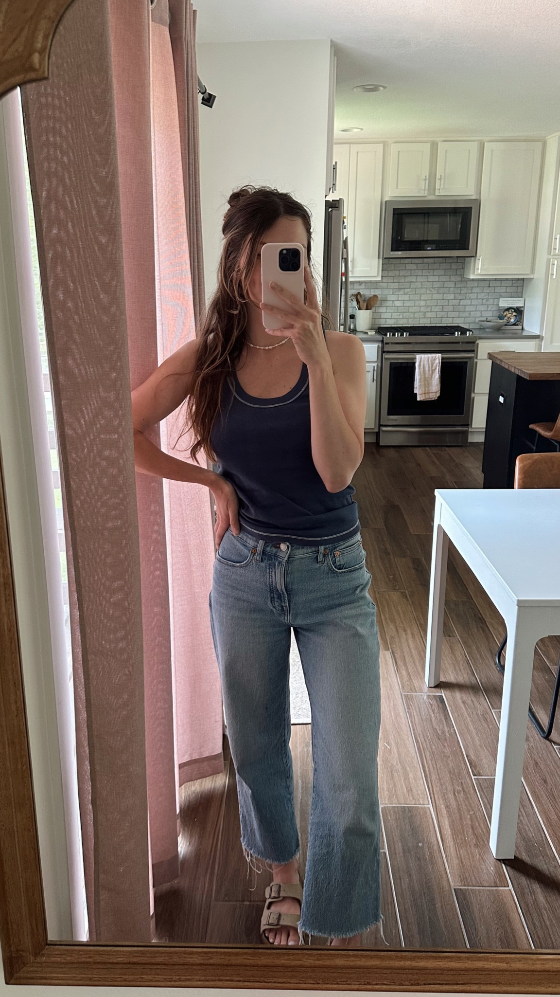 wearing a small in tank and jeans tts, most worn jeans love how they fit 

Summer outfit, early fall outfit, mom outfit, park outfit