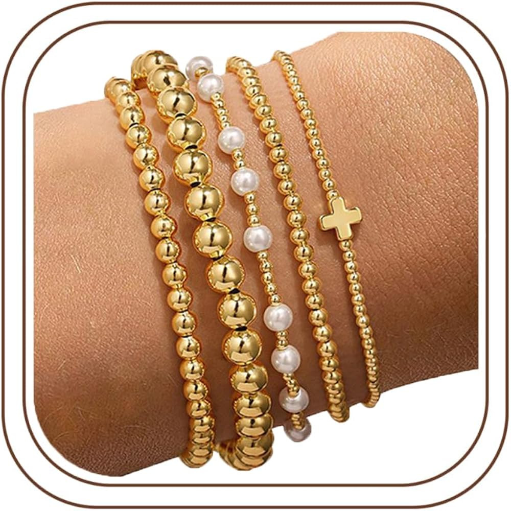 Yoosteel Gold Beaded Bracelets for Women Teen Girls, Gold Plated Jewelry | Amazon (US)