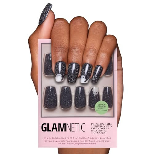 Glamnetic Press On Nails - Phantom Glow | Opaque Black Glitter & Glow-in-the-Dark Ghost Medium Coffin False Nails, Reusable Stick On Fake Nails with Glue | Salon Quality | 15 Sizes - 30 Nail Kit | Amazon (US)