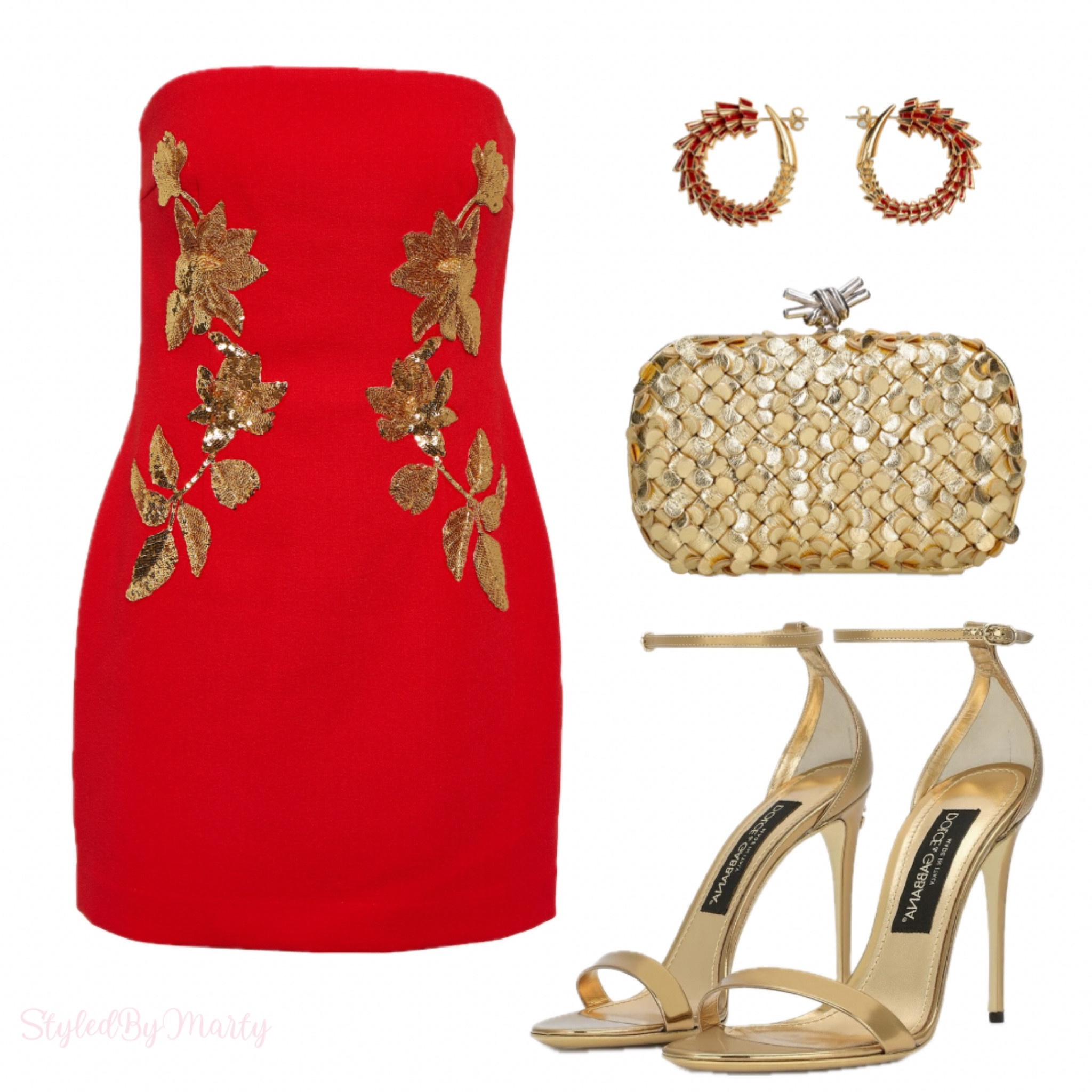 Red Dress with Gold Shoes