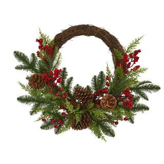 Nearly Natural 22in. Mixed Pine and Cedar with Berries and Pine Cones Artificial Wreath 4360 - Th... | The Home Depot
