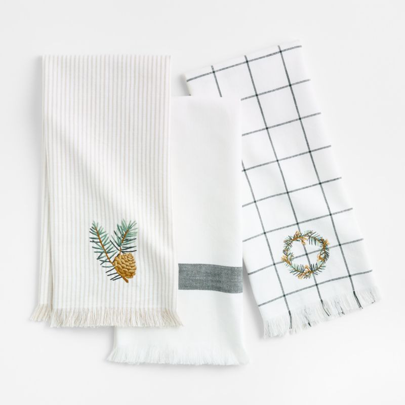 Wreath Embroidered and Windowpane Organic Cotton Kitchen Towels, Set of 3 + Reviews | Crate & Bar... | Crate & Barrel