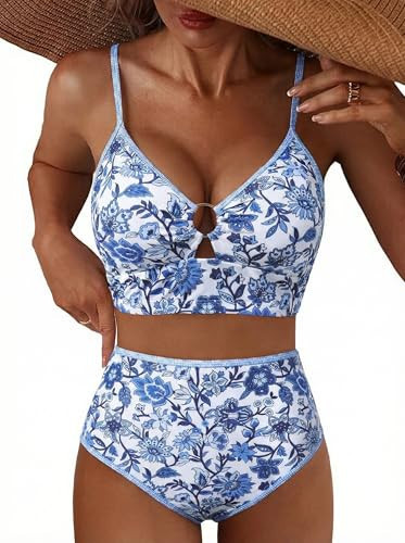 Herseas Women's Bikini Sets 2 Piece Popular Swimsuits High Waisted O Ring 2026 Summer Cutout Floral Print Adjustable Spaghetti Straps Vintage Bathing Suit Modest Cruise Outfits X-Large | Amazon (US)