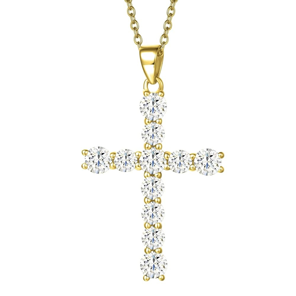 Carleen Cross Necklace For Women Yellow Gold Plated Sterling Silver Cubic Zirconia CZ Simulated D... | Amazon (US)