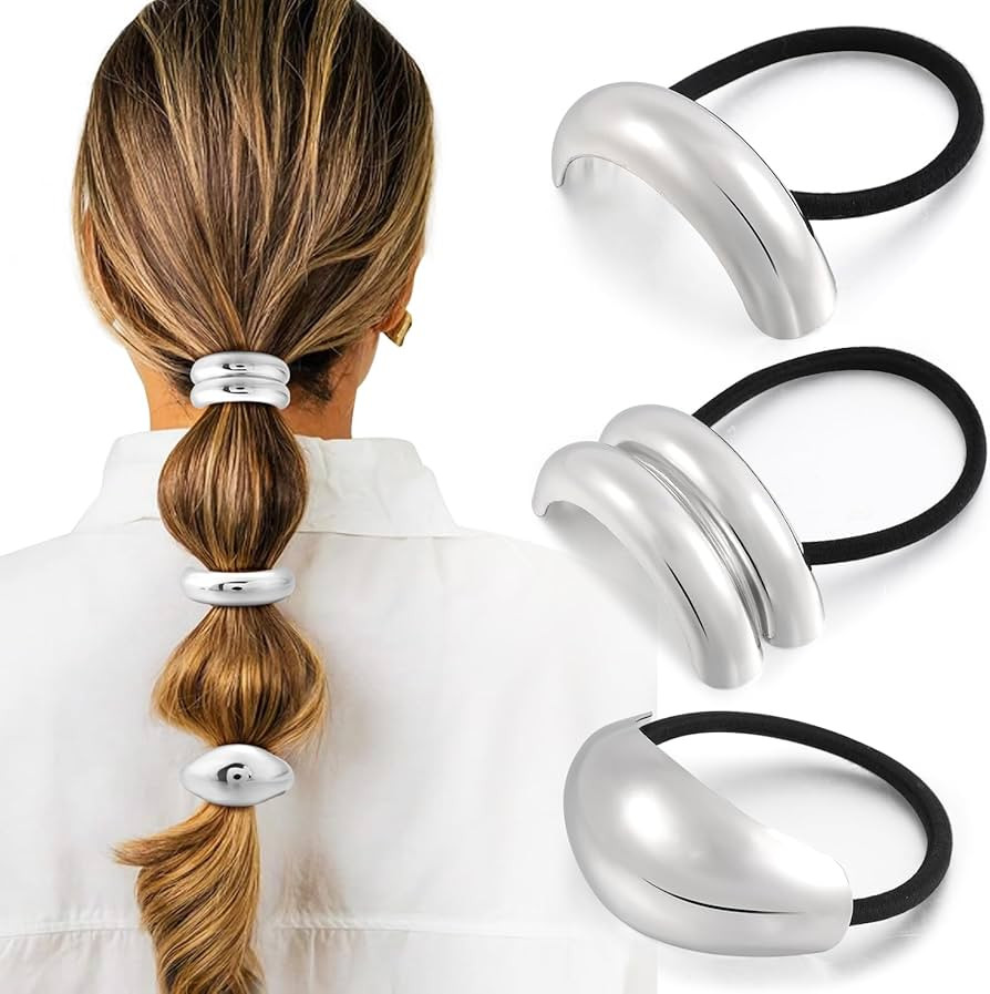 3PCS Silver Hair Ties, Metal Hair Ties for Thick Hair, Elegant Durable Geometric Design, Silver H... | Amazon (US)