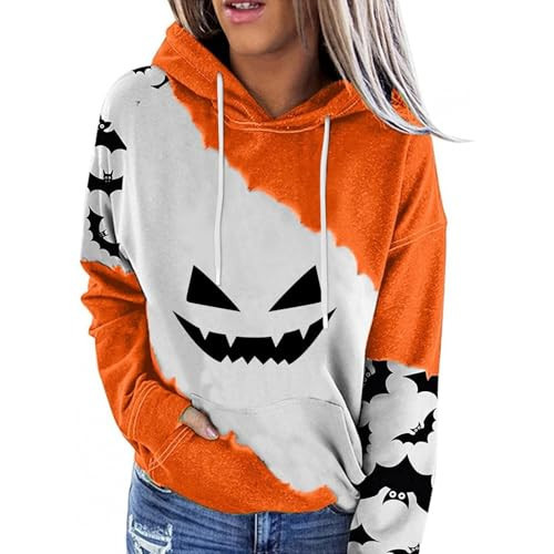 Women Halloween Sweatshirt Spooky, Casual Fashion Print Long Sleeve Pullover Women's Pumpkin Face Sweatshirts Hoodie Women Graphic Hoodie (XL, Orange) | Amazon (US)