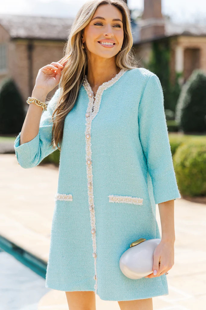 Speak Up Light Blue Tweed Dress | The Mint Julep Boutique