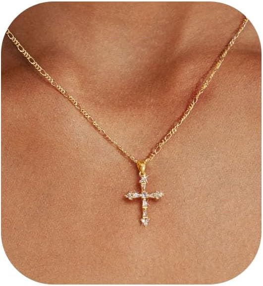 Cross Necklace for Women,Double Cross Necklace 14K Gold Plated Cross Pendant Necklace Dainty Gold... | Amazon (US)