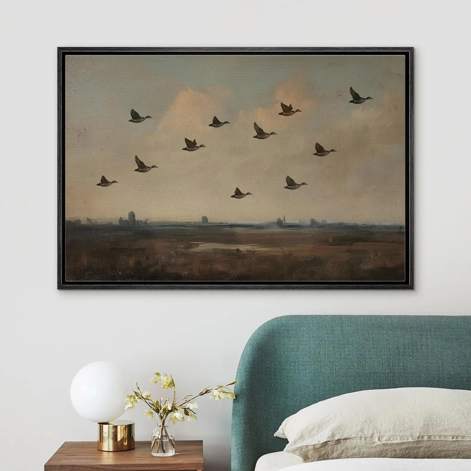 Ducks in Flight Wall Art - Framed Vintage Bird Flock Canvas Print, Rustic Landscape Artwork for F... | Etsy (Global)