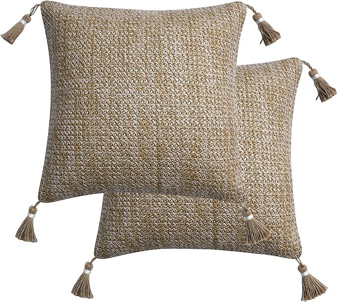 Honeycomb Indoor/Outdoor Raffia Natural Square Toss Pillow with Tassels, Woven Faux Jute Fabric, ... | Amazon (US)