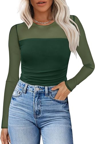 XIEERDUO Green Long Sleeve Shirts for Women Mesh Top Women Night Out Outfits Sexy Sheer Tops for Women Going Out Winter Shirts S | Amazon (US)