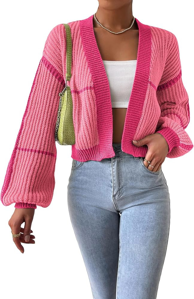 Cozyease Women's Color Block Crop Cardigan Top Bishop Long Sleeve Open Front Sweater | Amazon (US)