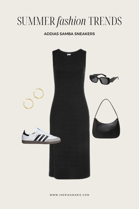summer fashion trends. long black dress. summer outfit. adidas samba shoes outfit. black shoulder bag. prada sunglasses dupe. 

#LTKunder100 #LTKstyletip #LTKshoecrush