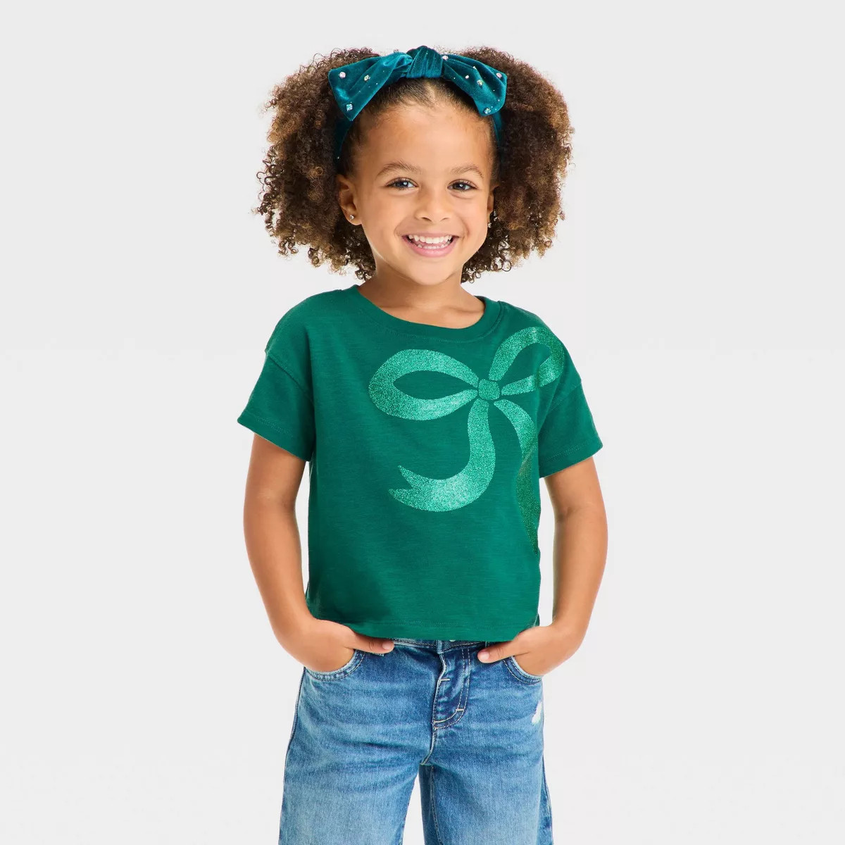 Toddler Girls' Christmas Boxy Deer Bow Graphic T-Shirt - Cat & Jack™ Dark Green 5T | Target