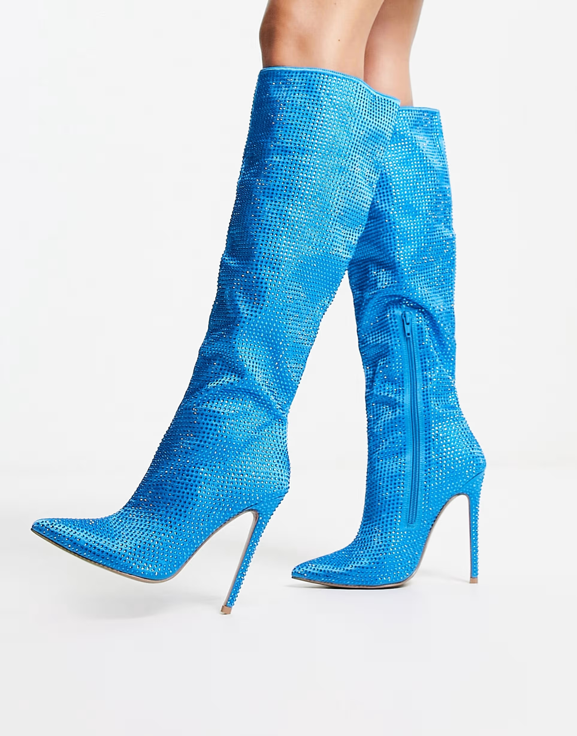 ASOS DESIGN Carly pull on knee boots in blue rhinestone | ASOS (Global)